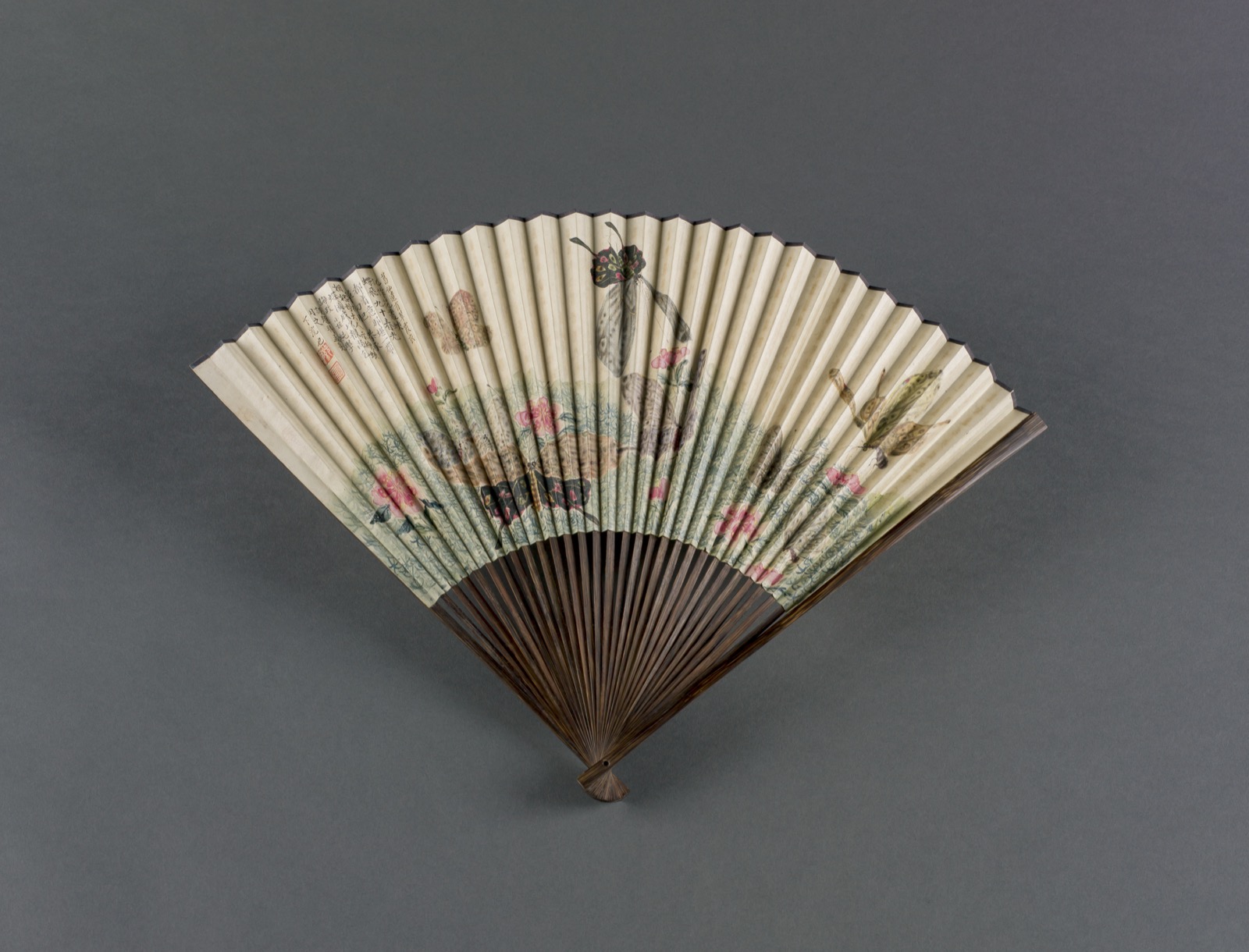 An opened folding fan with painted butterflies, flowers and calligraphy above dark bamboo ribs.
