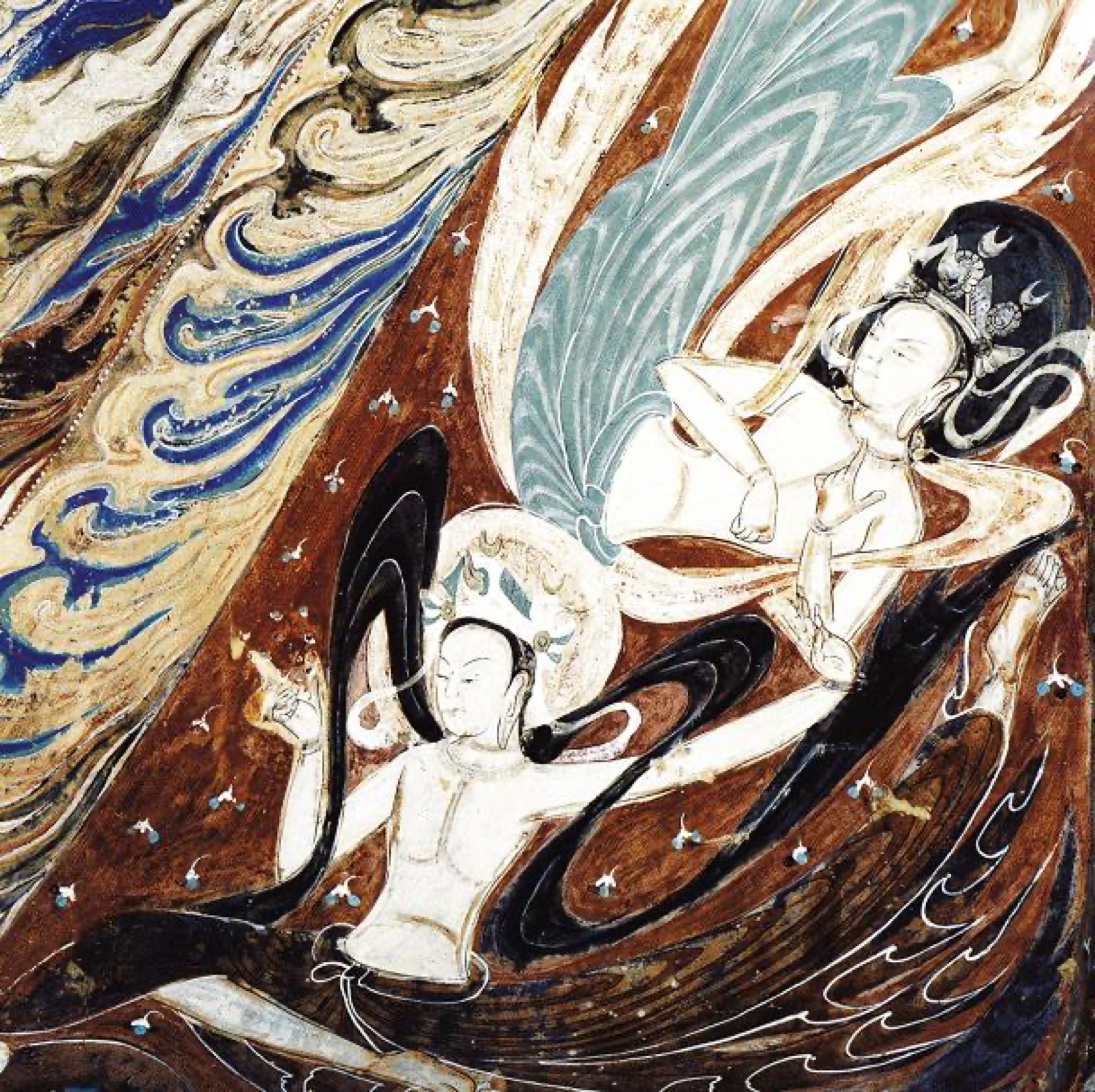 A ribboned flying apsara from Cave 285 turns flight into a continuous arc of fabric and color.