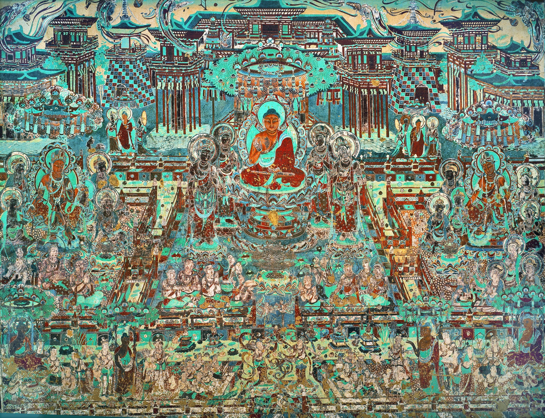 A richly layered early eighth-century Pure Land tableau covers part of Mogao Cave 217.