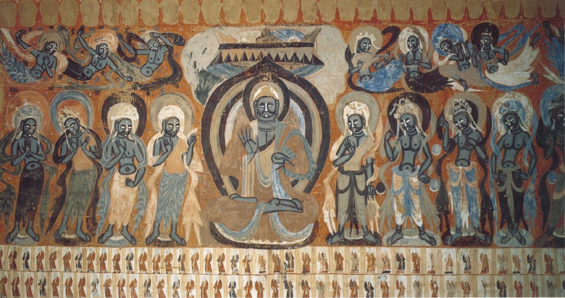 Flying apsaras frame a Buddha and attendant bodhisattvas in a Northern Zhou mural from Mogao Cave 428.