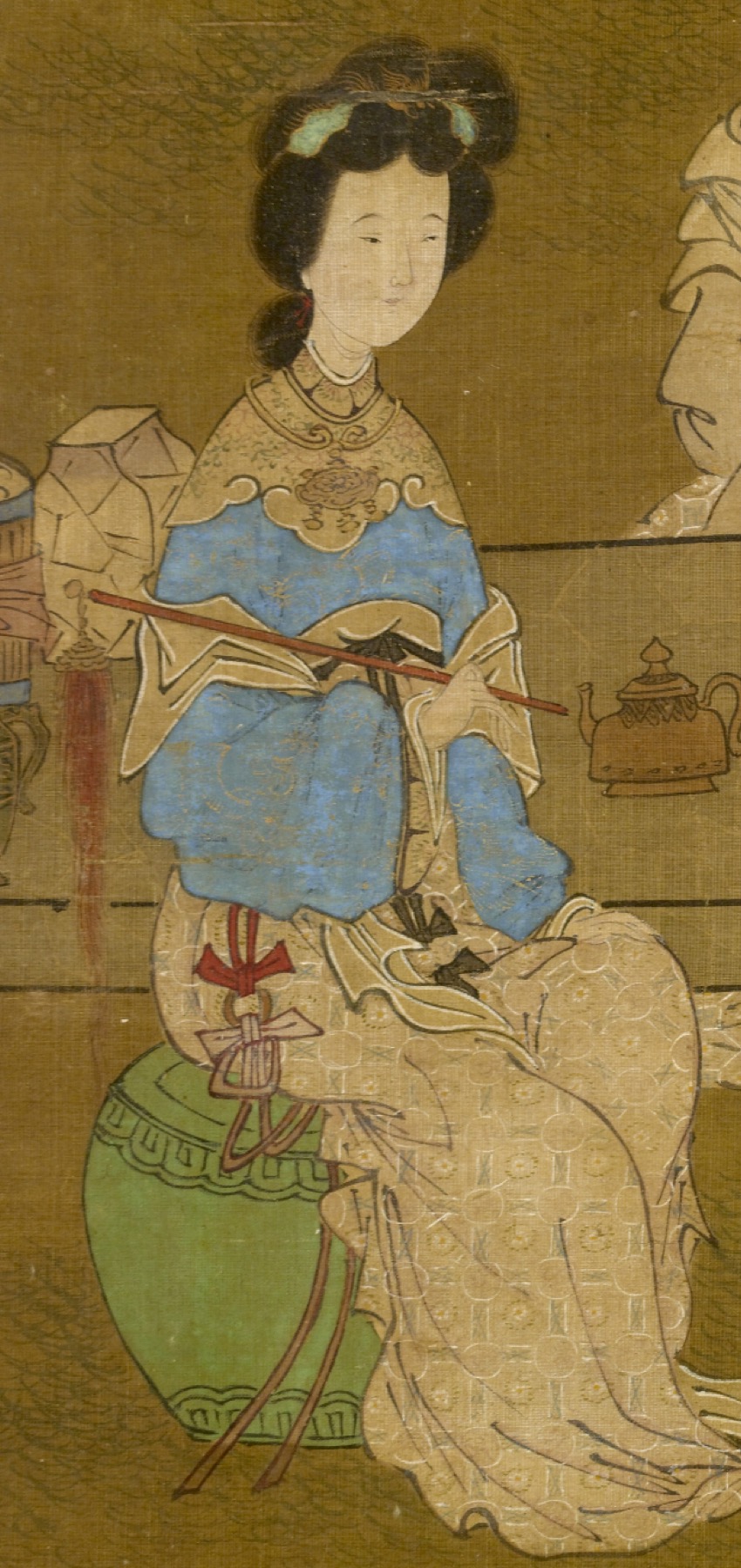 Historical painting detail of a seated woman wearing a blue robe and a cloud collar