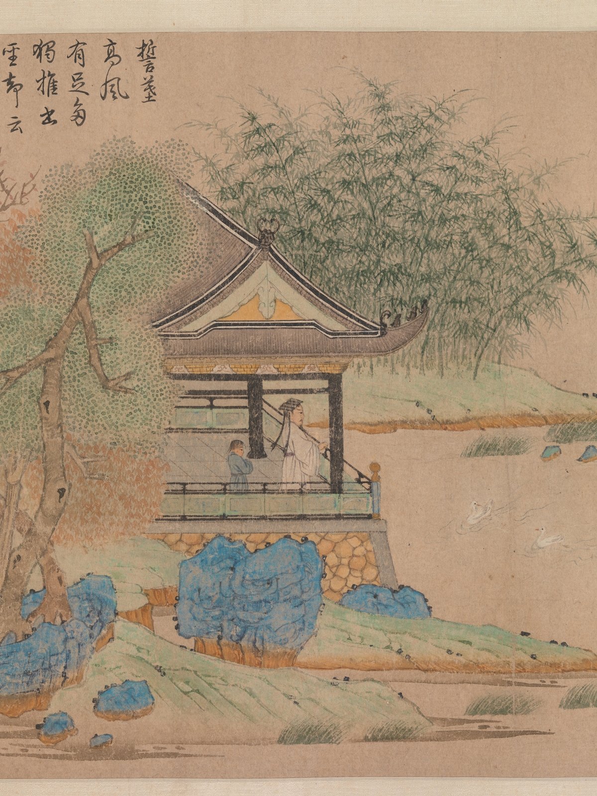 Detalle con un pabellón y una figura en Wang Xizhi watching geese, de Qian Xuan.