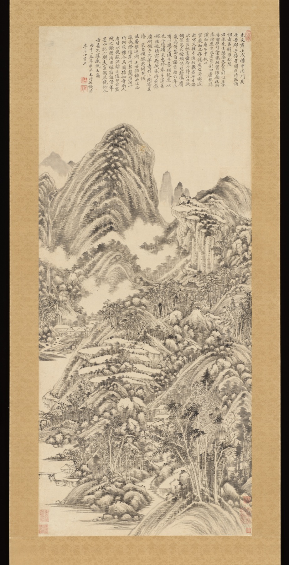 Wang Shimin builds a vertical rhythm of textured peaks around passages of pale paper.