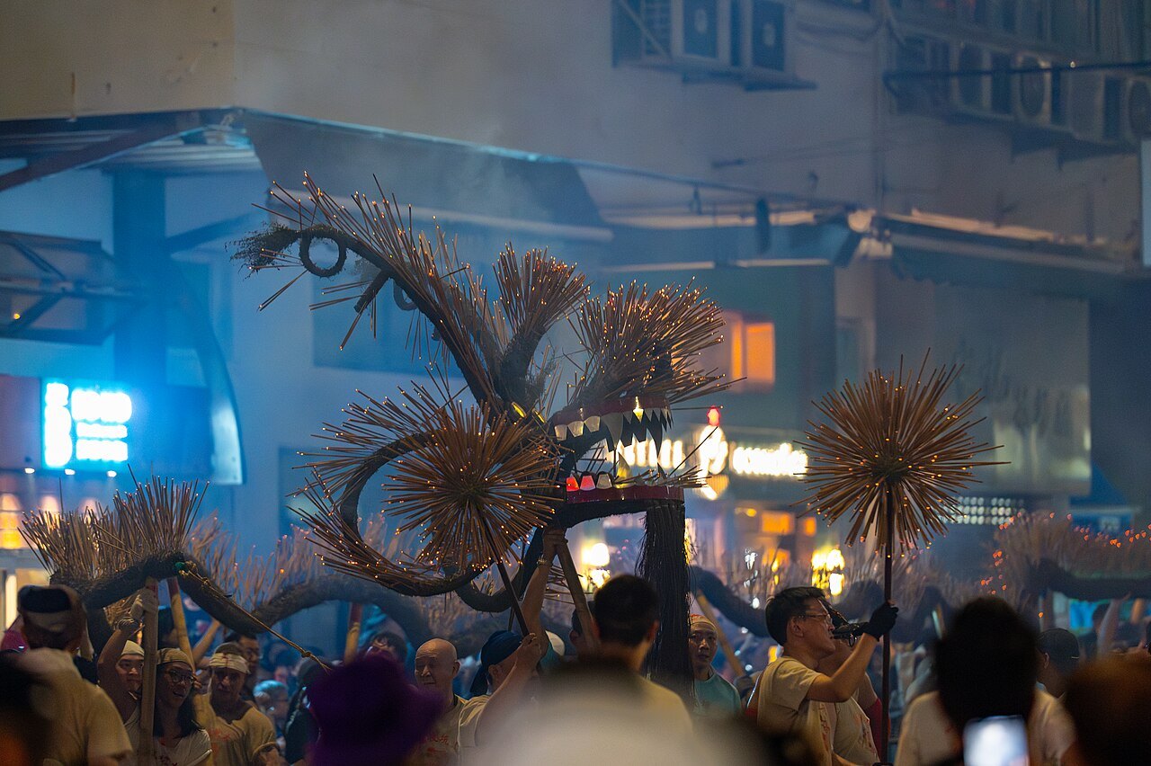 Tai Hang fire dragon performance photographed at night in 2024.