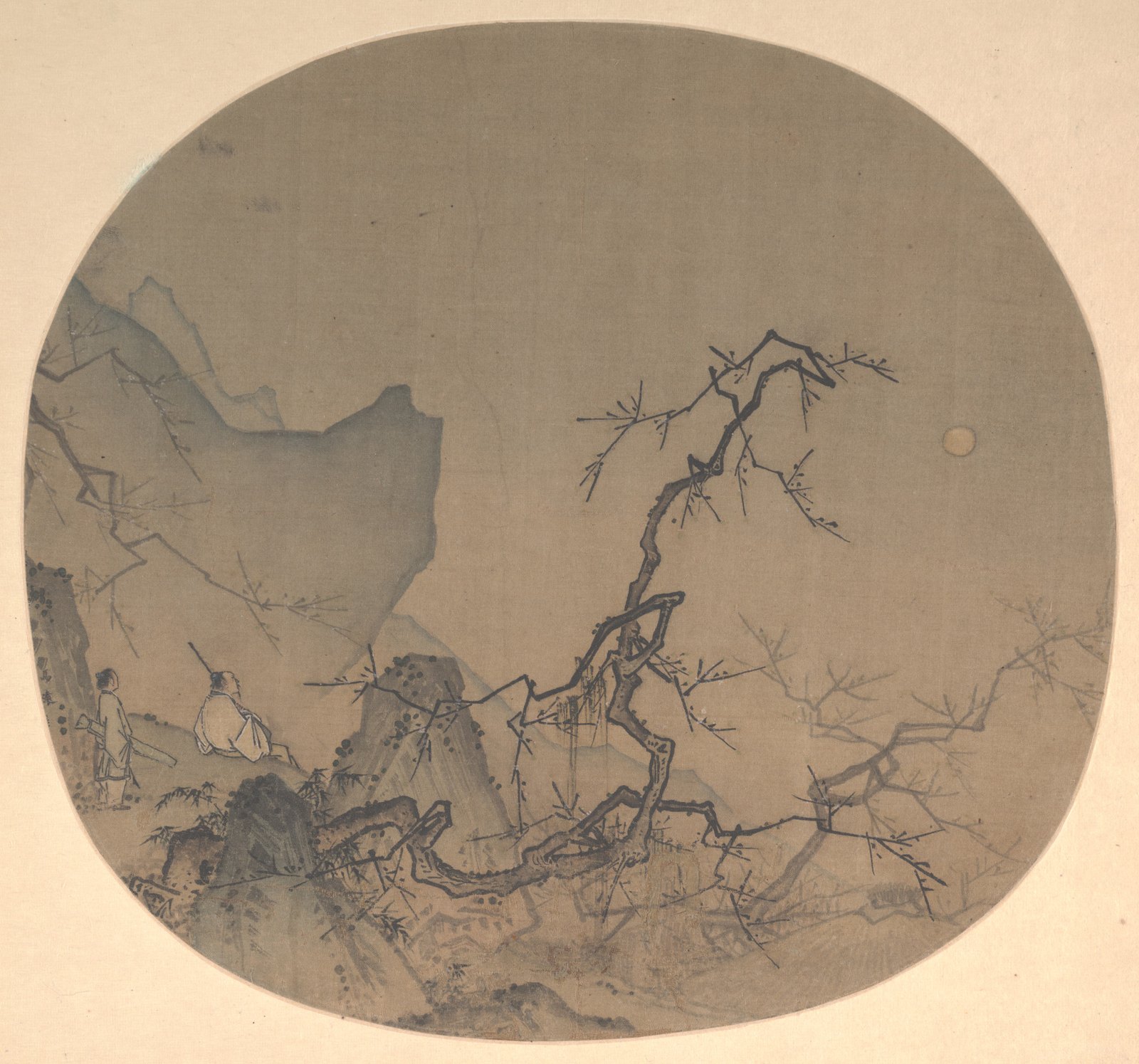 A white-robed figure among dark trees in Ma Yuan's moonlit landscape.