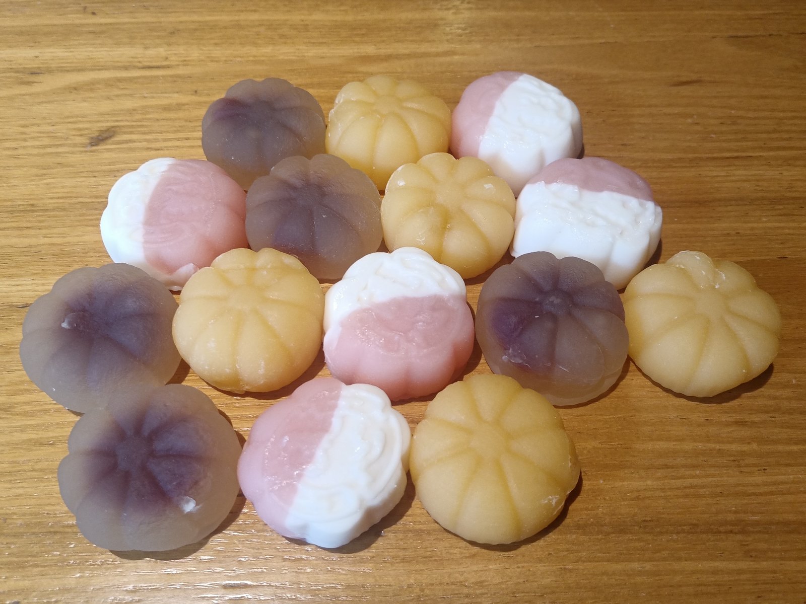 An assortment of coloured fruit-flavoured snow-skin mooncakes