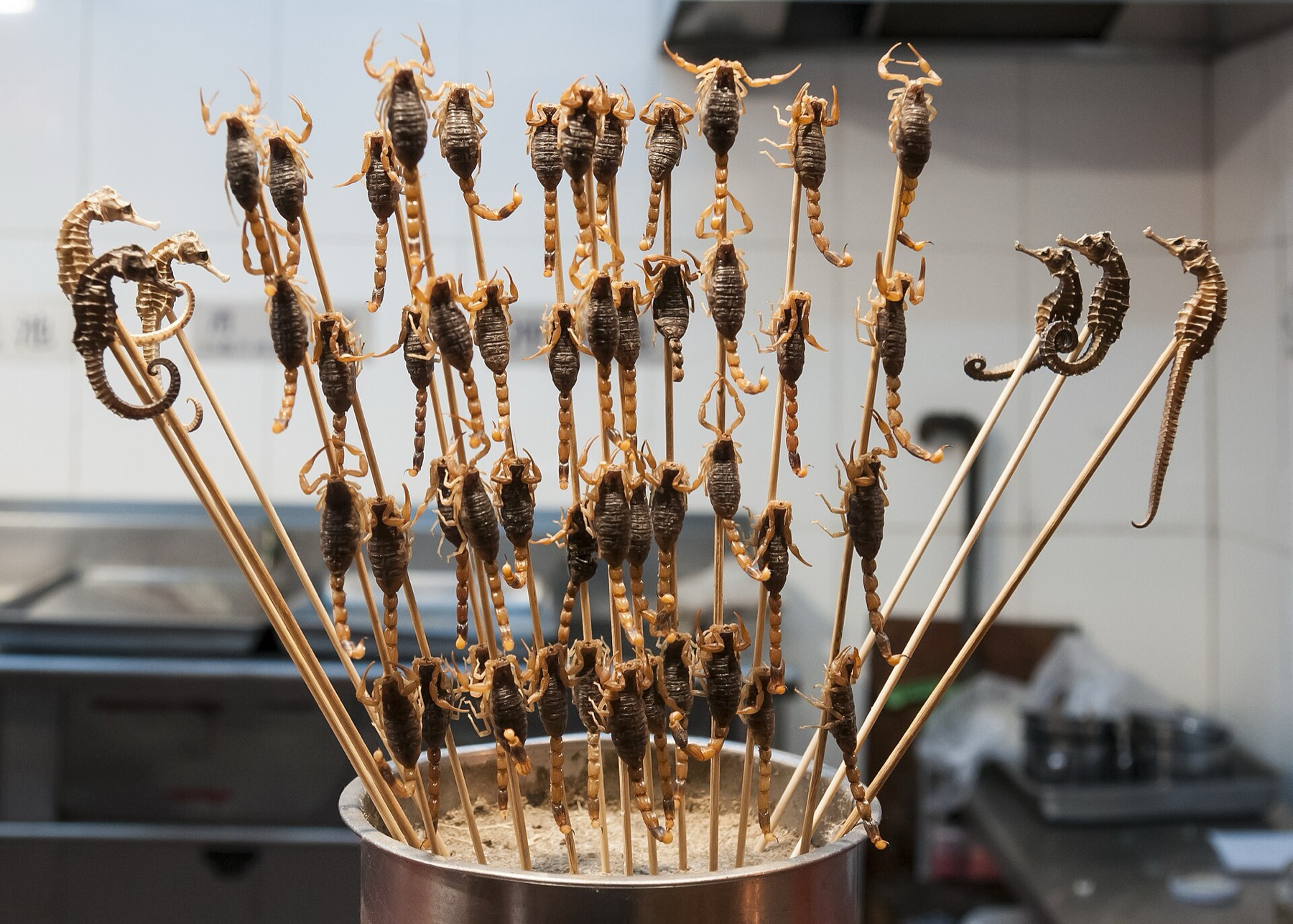 Barbecue skewers are displayed at Beijing’s former Donghuamen Night Market in 2009.