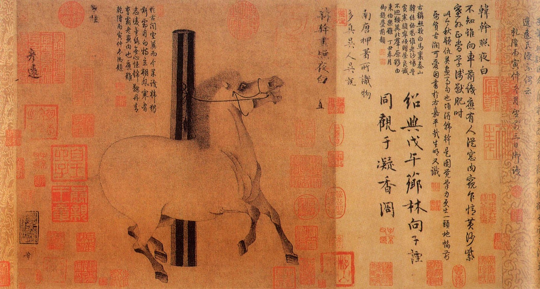 Han Gan’s Night-Shining White carries red seals and inscriptions accumulated across the handscroll.