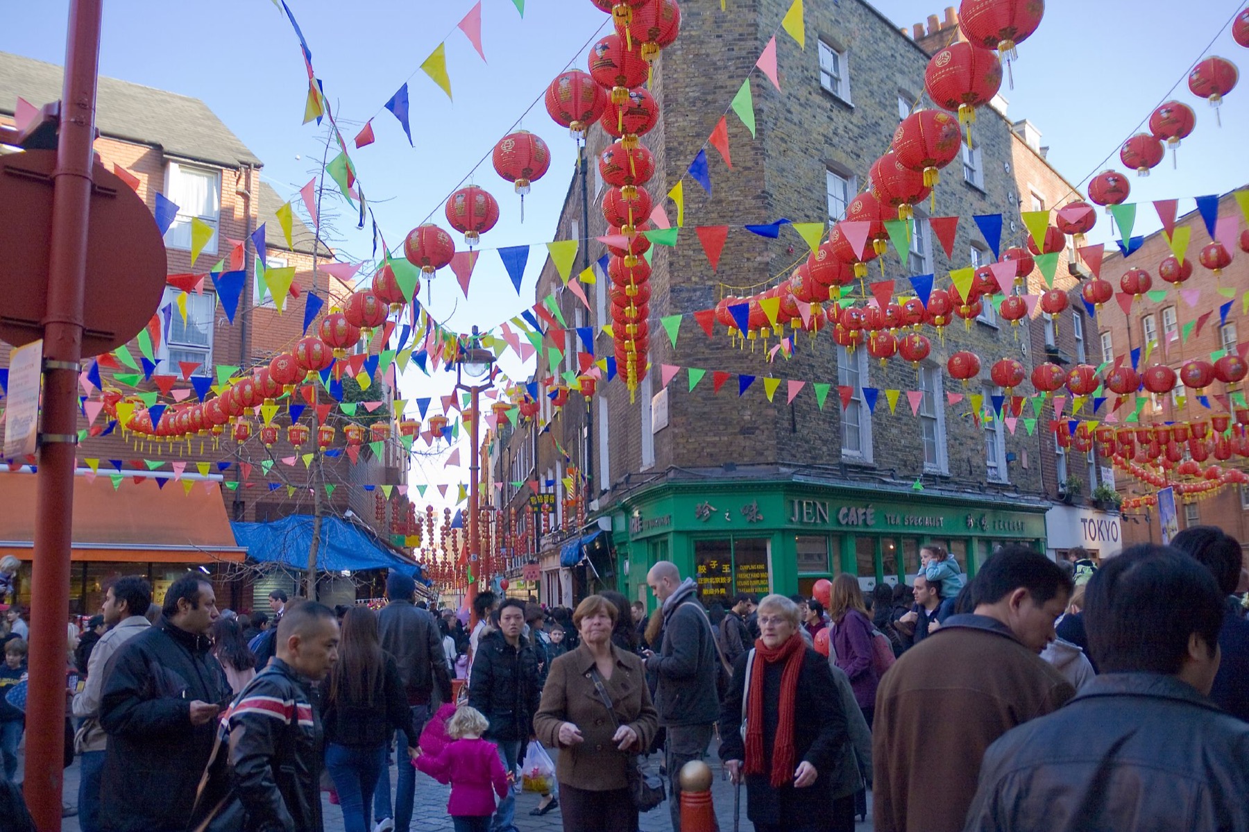 London Chinatown streets are decorated for a Lunar New Year celebration.