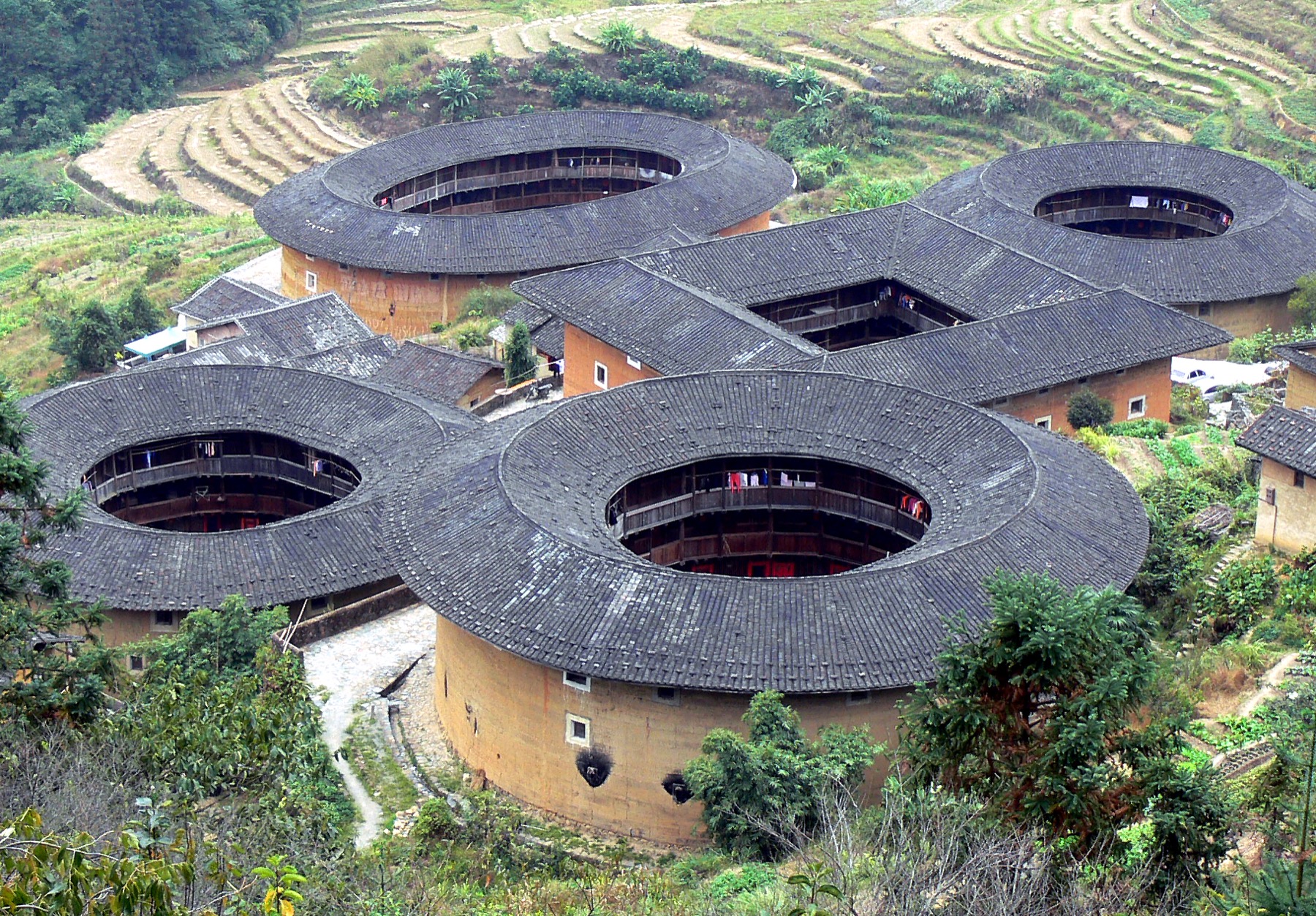 Circular and square earthen buildings form the Tianluokeng tulou cluster in southwestern Fujian.