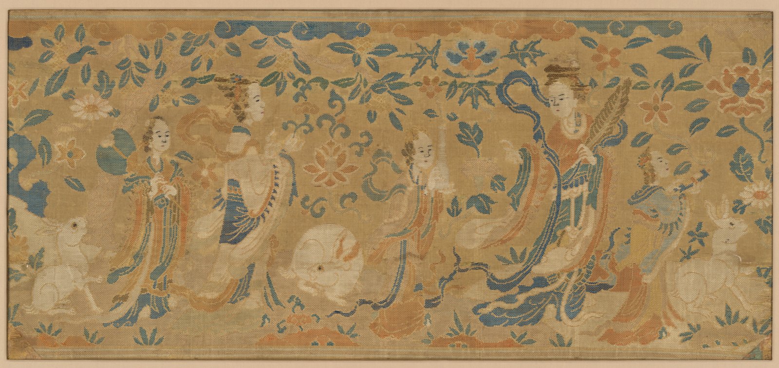 Silk panel with the moon goddess, attendants and rabbits.