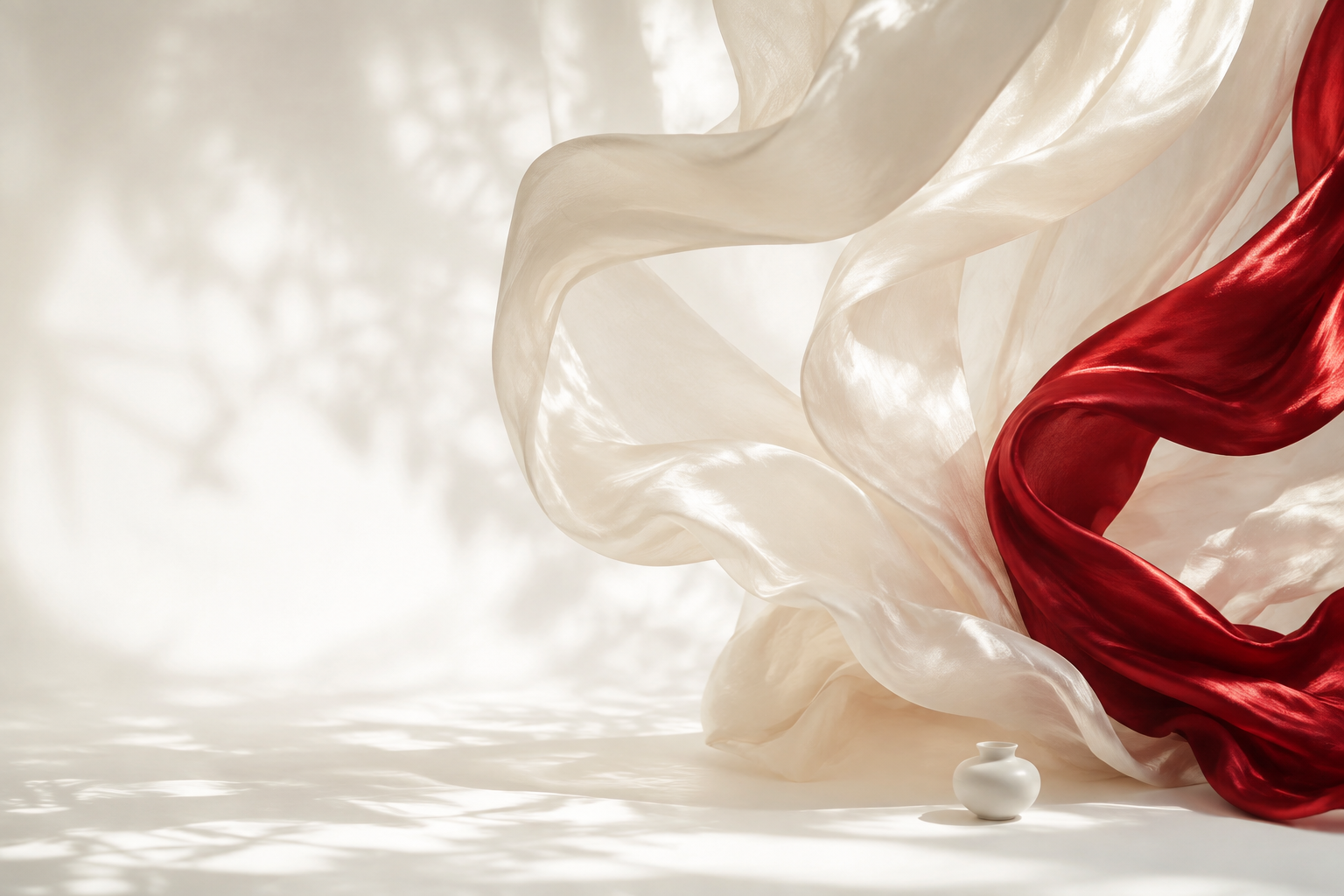 Conceptual artwork of luminous white silk, flowing crimson fabric and a small porcelain vessel